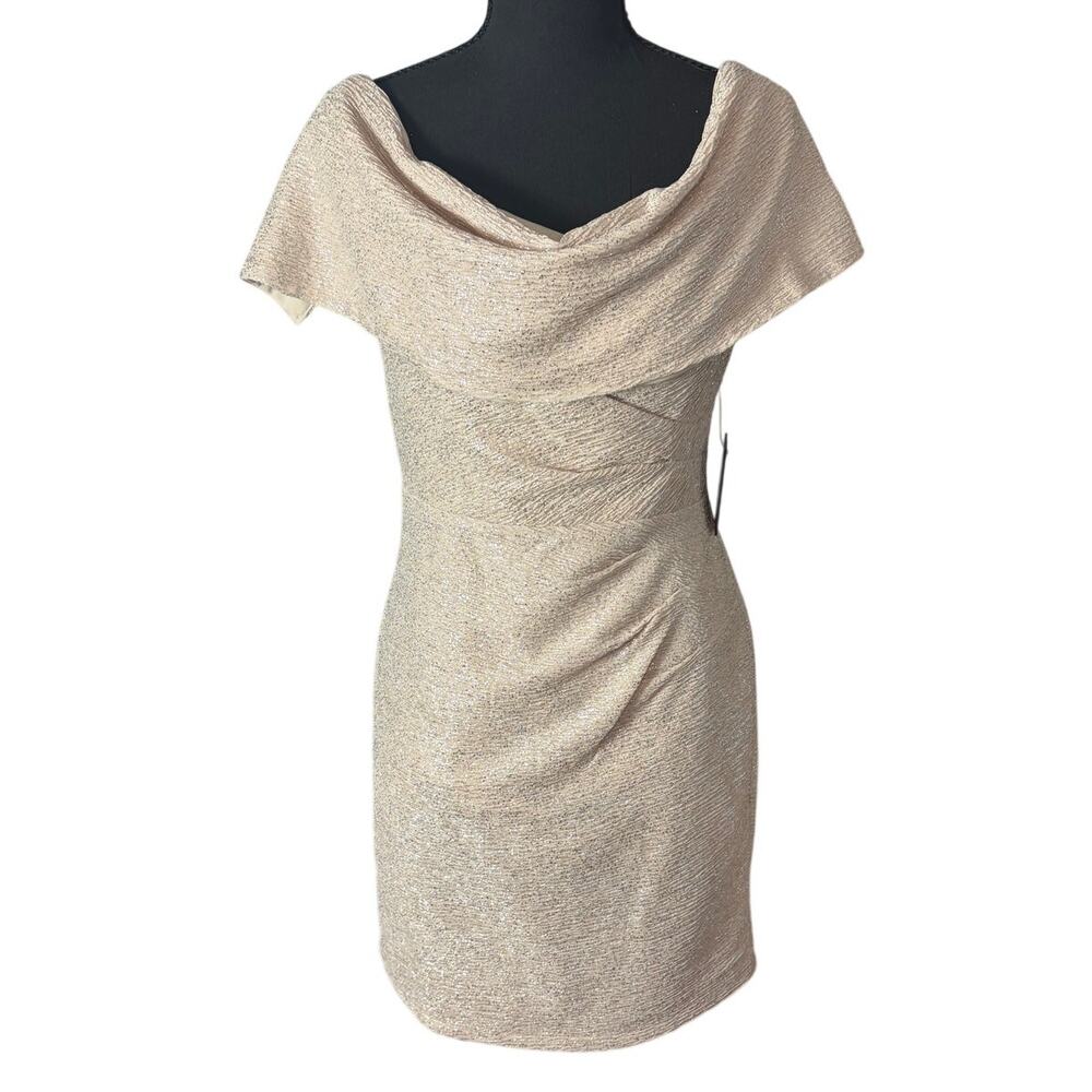 NWT Marina Champagne‎ Metallic Shimmer Off Shoulder Cocktail Sheath Dress Size 8